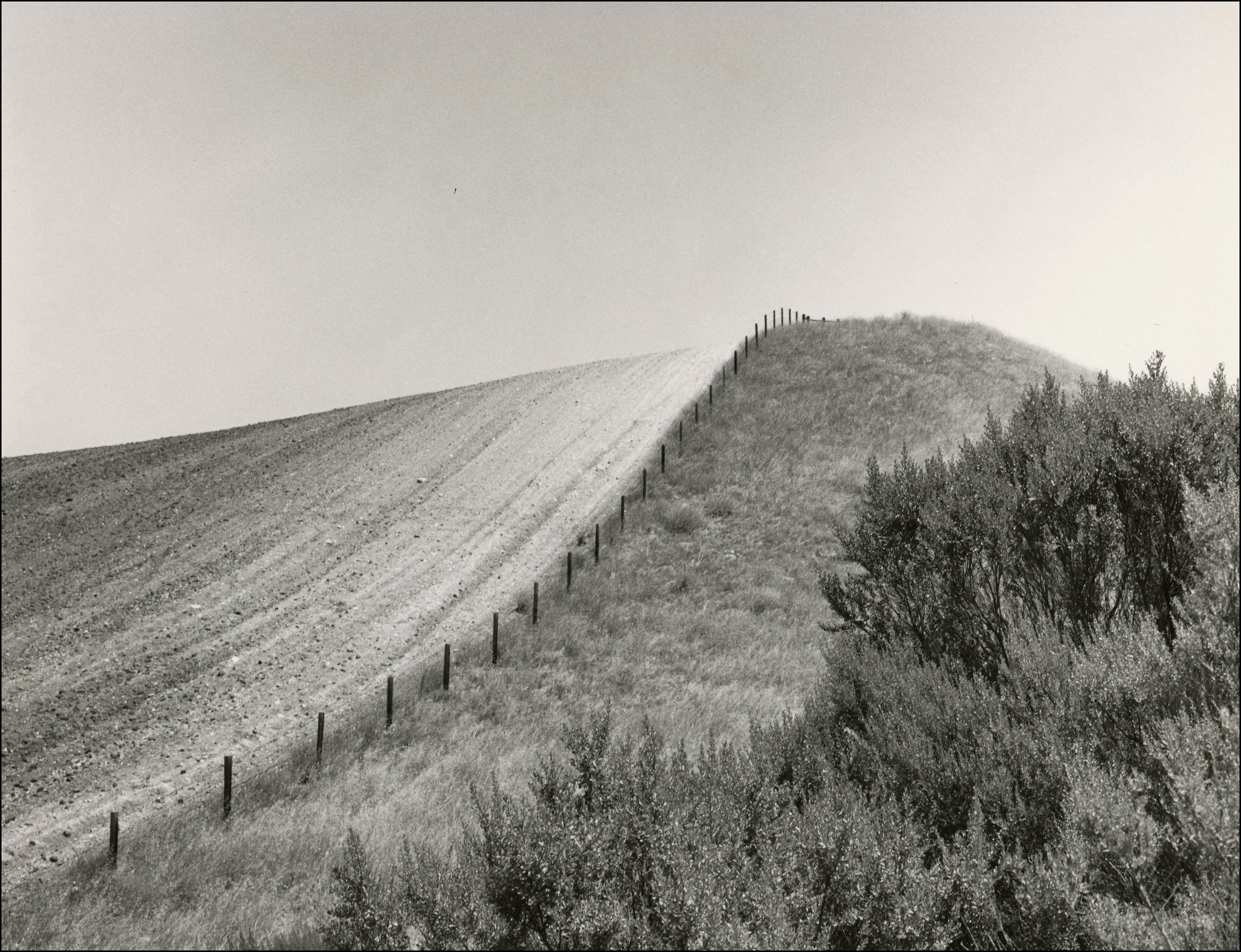 Farm Fencline. On left side of fence is just dirt of a newly plowed and leveled field. On the right side of the fence is pasture grass and bushes in the foregrounds. Field and pasture is over a hill not flat.